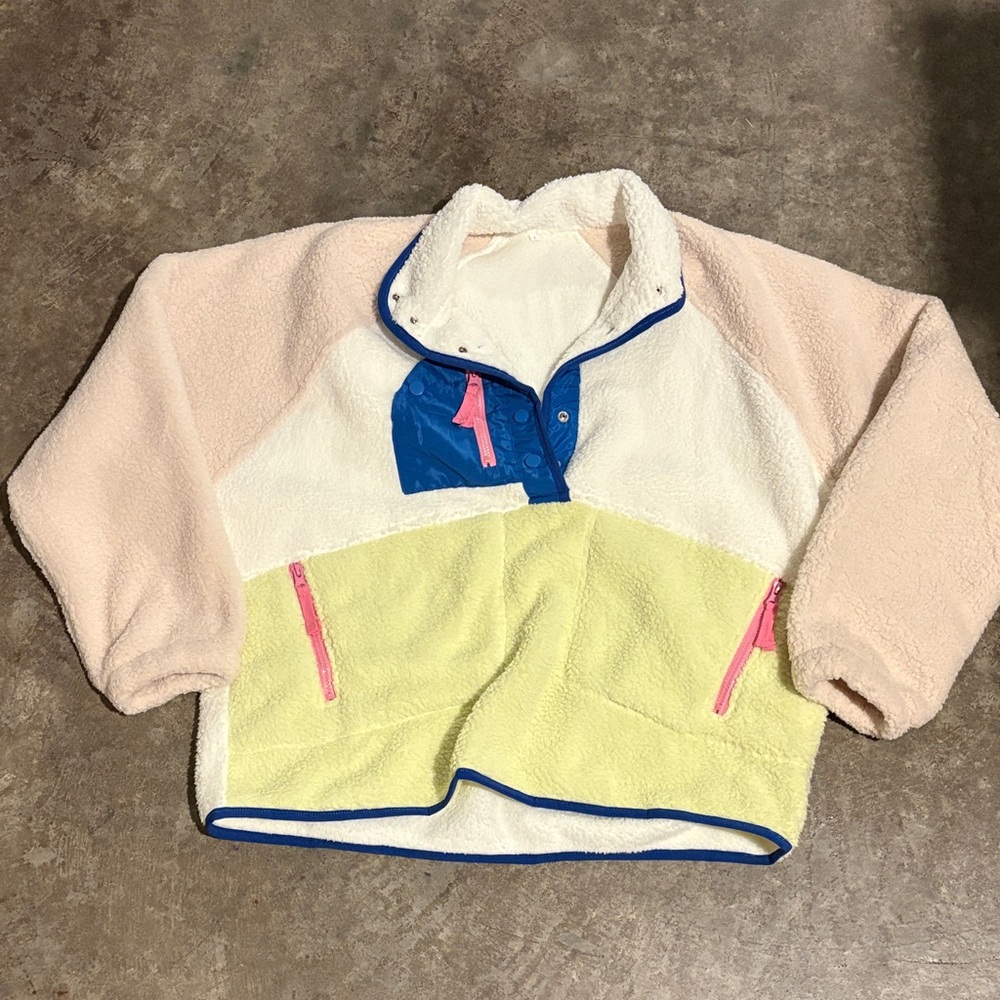 Colorblock Sherpa Pullover Jacket in Cream, Pale Pink, Lime & Royal Blue